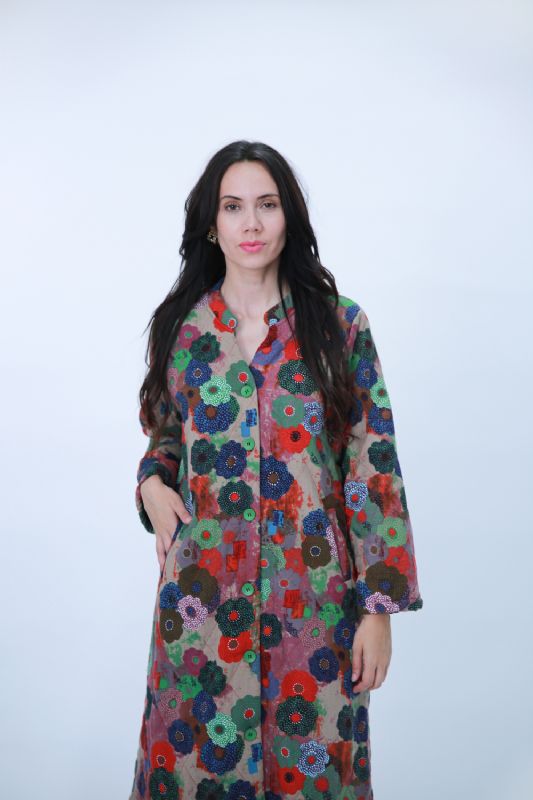 Knee-Length Floral Coat (Multi-Coloured) - Size M